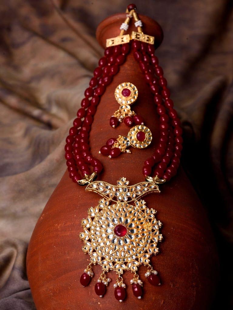 Gold Plated Red & White Pearl Beaded Necklace Jewellery Set view 2