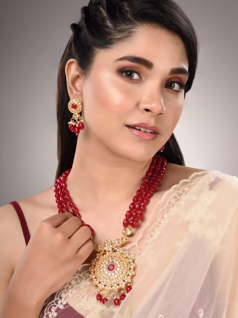Gold Plated Red & White Pearl Beaded Necklace Jewellery Set view 3