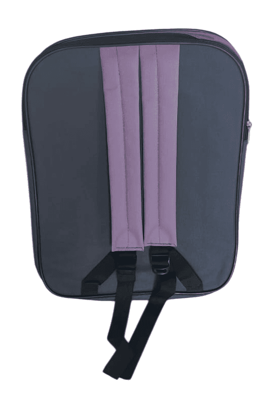purple and black school bag with a cartoon of a boy and a dog on the front. view 2