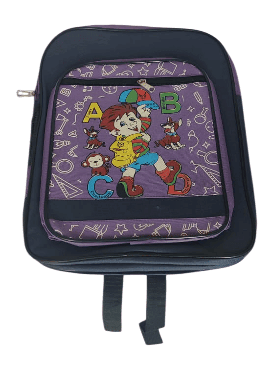 purple and black school bag with a cartoon of a boy and a dog on the front. view 3