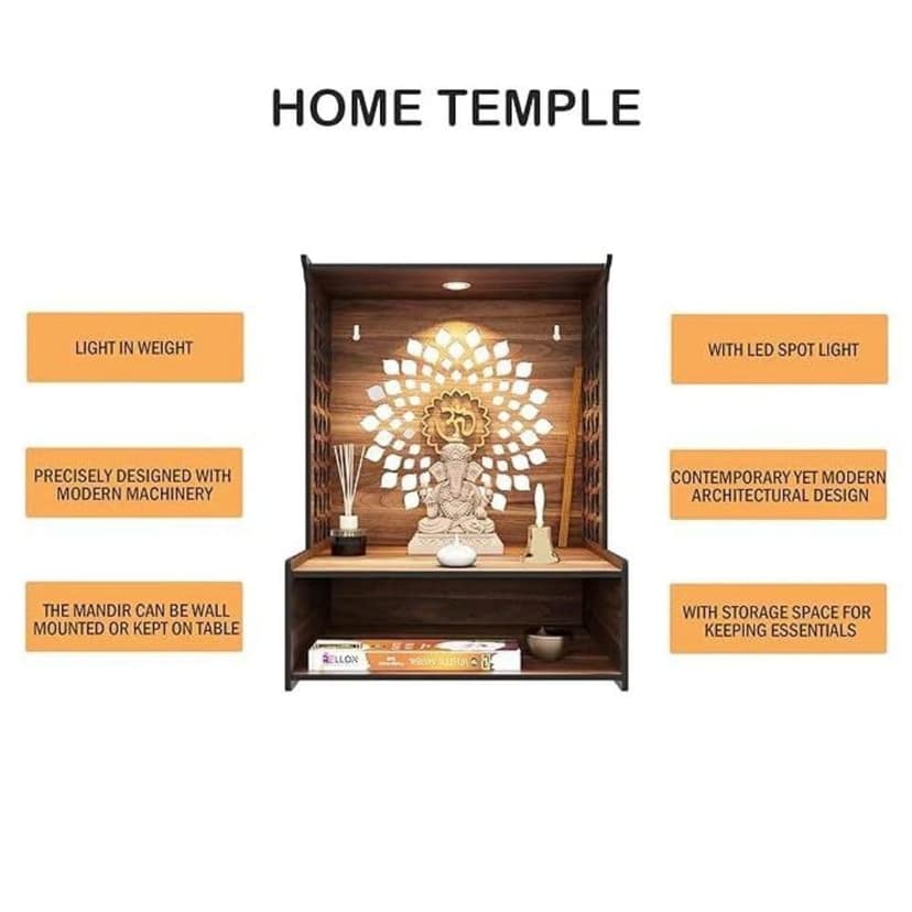 Mahaveer Art and Crafts - Temple for Home, Mandir for Home for Pooja Mandir for Home Beautiful Wooden Temple for Home Pooja Stand for Home and Office with LED Spot Light mandir view 2