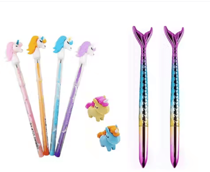 Cute Unicorn Stationery Set – 4 Unicorn Pencils, 2 Mermaid Pens & 2 Unicorn Erasers for Kids