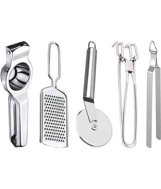 JISUN - Silver Stainless Steel Lemon-Grater-Pizza Cutter-Pakkad-Chimta ( Set of 5 )