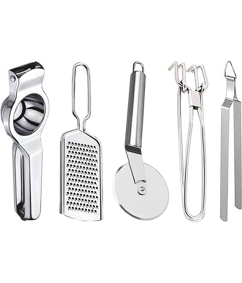 JISUN - Silver Stainless Steel Lemon-Grater-Pizza Cutter-Pakkad-Chimta ( Set of 5 )