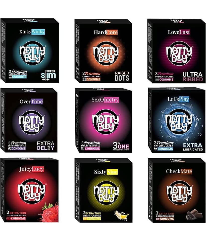 NottyBoy Honeymoon Pack Banana, Chocolate, Strawberry Flavour, 3IN1, Raised Dots, Ultra Ribbed, Long Time, Contoured, More Thin & Lubricated Condoms- 27 Units