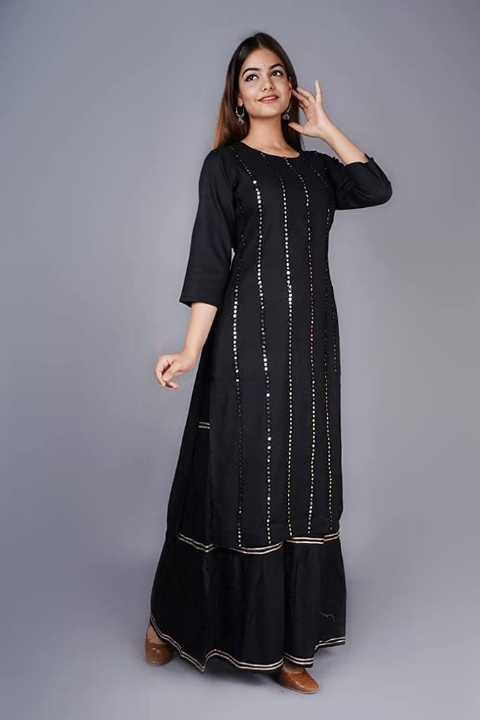 Buy & Try Women's Rayon Kurti with Sharara Set. Aari Work Kurta Sarara for Eid Festival Occasion. view 2