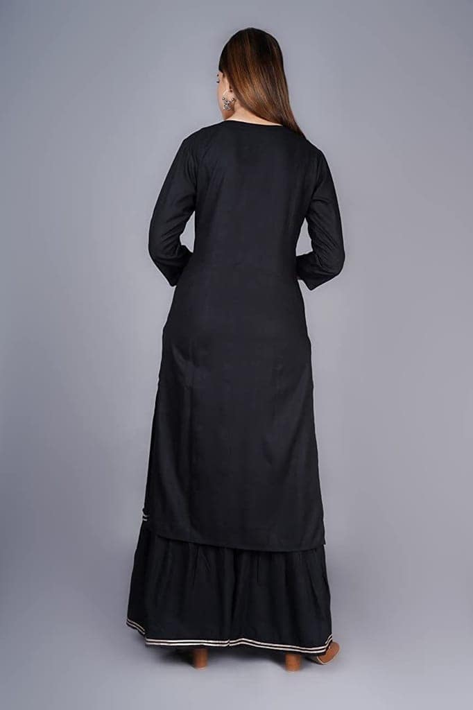 Buy & Try Women's Rayon Kurti with Sharara Set. Aari Work Kurta Sarara for Eid Festival Occasion. view 3