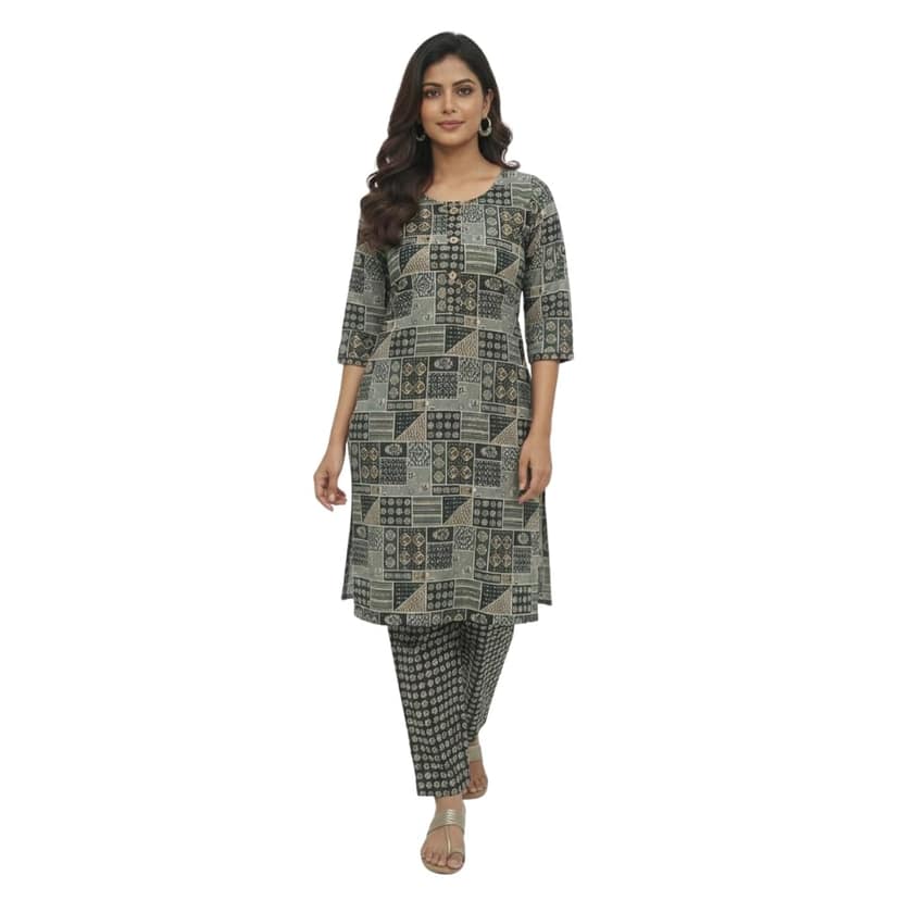 Mom and Me Women's Cotton Kurta Co-Ord Set | 3/4 Sleeves Round Neck | Ethnic Printed, Casual Summer Wear | Ethnic Co Ord Set for Women (IN, Alpha, S, Regular, Green)