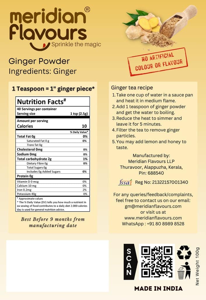 Meridian Flavours Dehydrated Ginger Powder | Washed and Cleaned Without Outer Skin | 100% Natural and Preservatives Free | (Ginger Powder, 100gm) view 4
