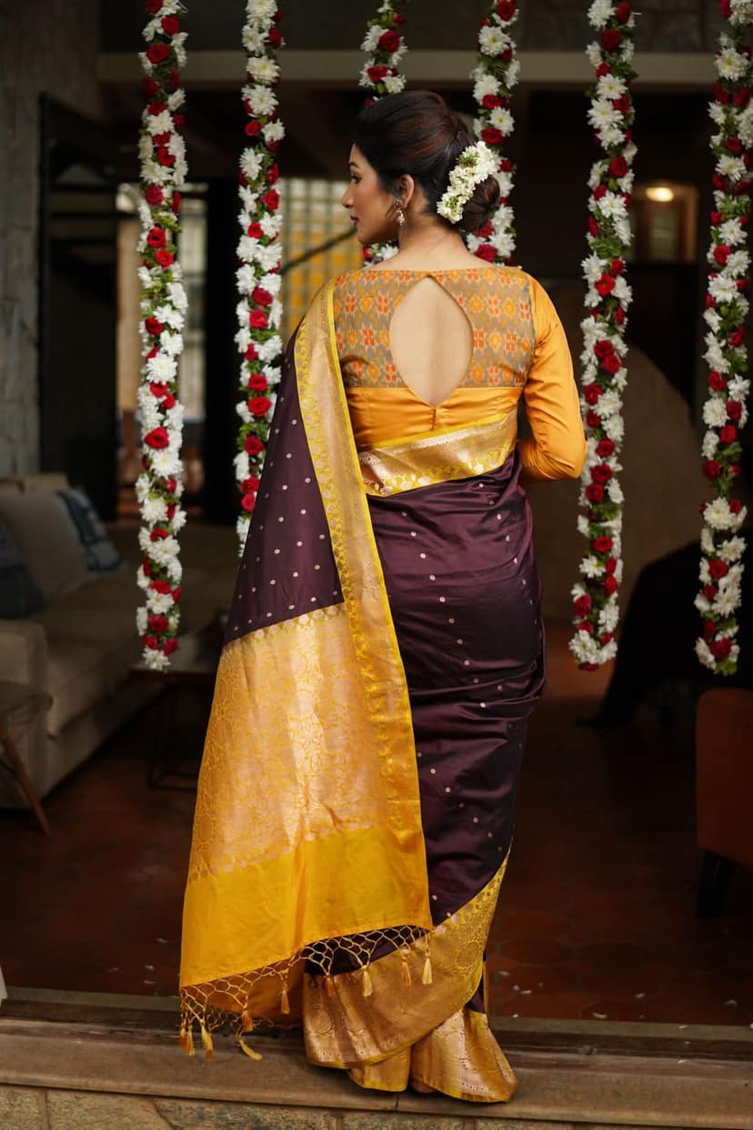 Banarasi Katan Silk Saree in Brown and Yellow with Chunri Buttis | SILK MARK CERTIFIED view 2