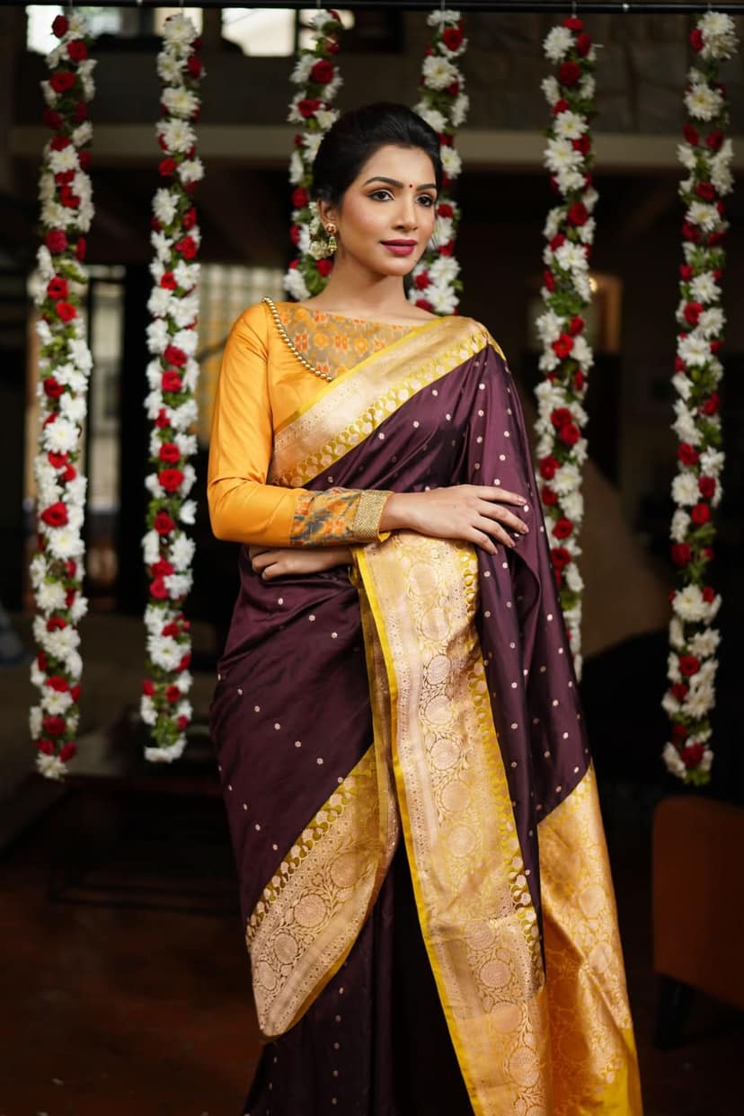 Banarasi Katan Silk Saree in Brown and Yellow with Chunri Buttis | SILK MARK CERTIFIED view 3
