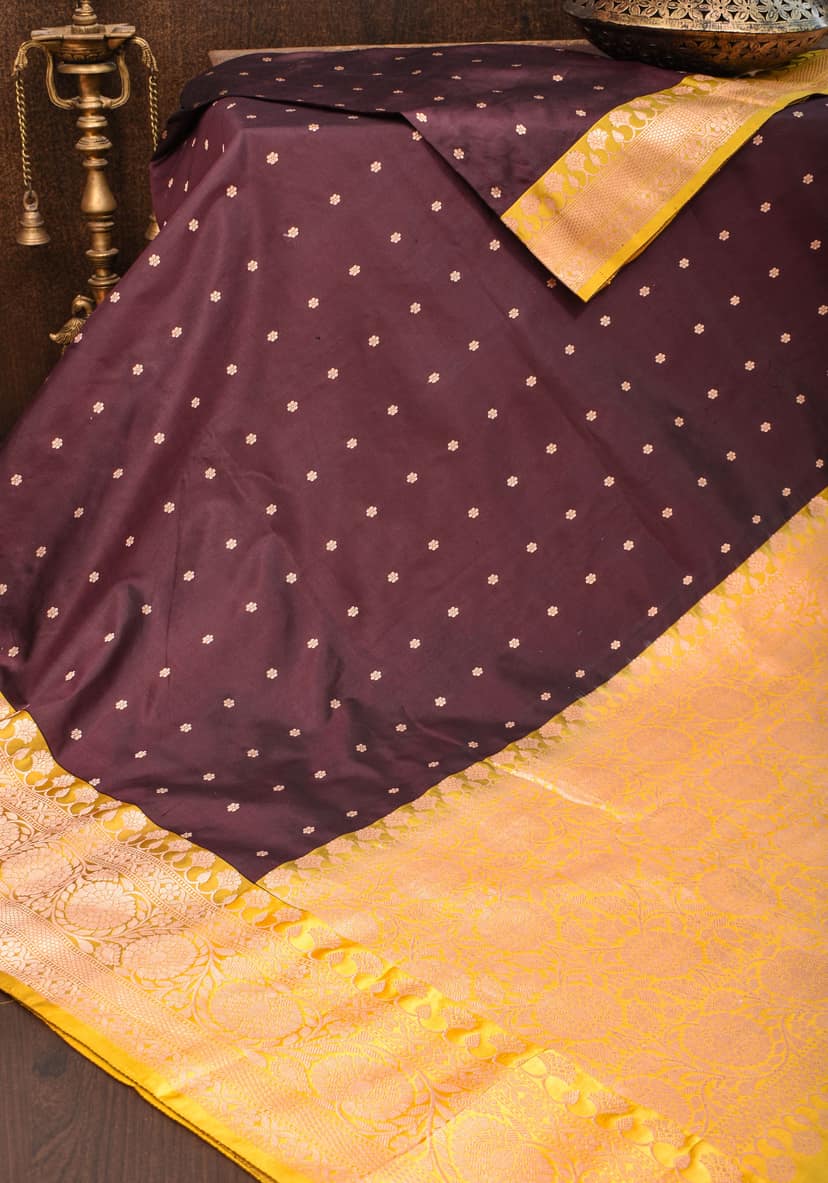 Banarasi Katan Silk Saree in Brown and Yellow with Chunri Buttis | SILK MARK CERTIFIED view 8