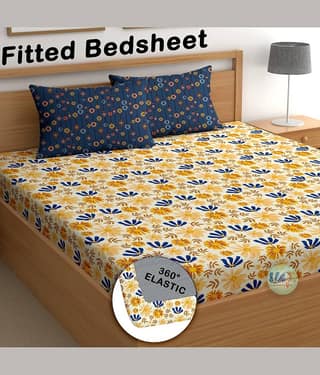CG HOMES Cotton 1 Double Fitted Bedsheet with 2 Pillow Covers ( 230 cm x 225 cm ) , Yellow
