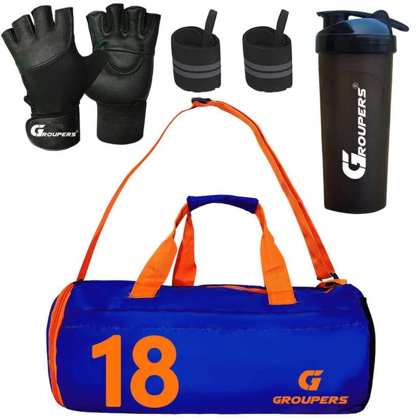 GROUPERS Combo Set of Duffle Polyester Bag with Shaker Bottle-700ml, Gloves & Wrist Band (Blue 18)