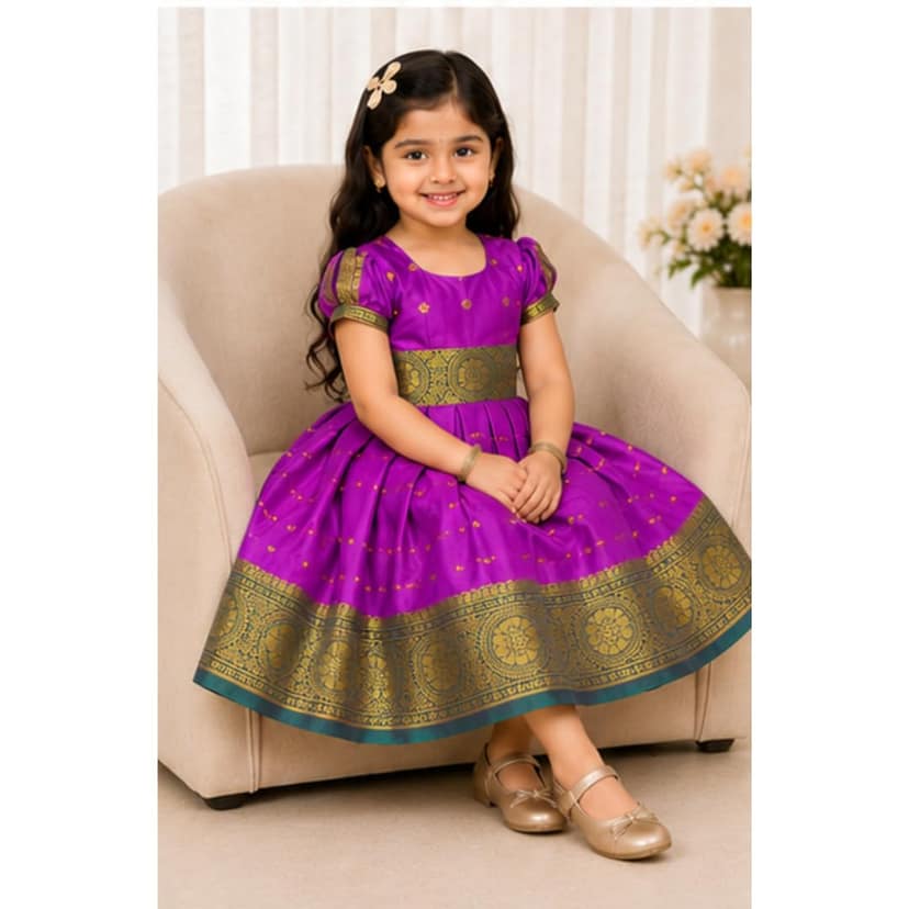 Mom and Me Baby Girl Satin Frock for Parties, Birthdays & Weddings | Elegant Toddler Dress with Balloon Sleeves & Zipper Closure | Age 0-2 Years (in, Age, 18 Months, 24 Months, Purpal) view 2