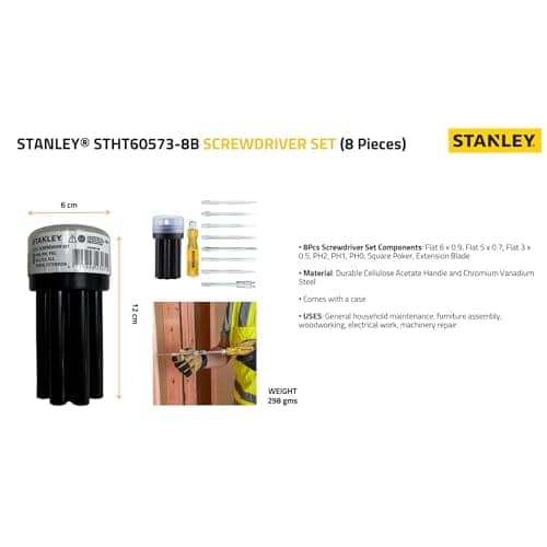 STANLEY STHT60573-8B 8 Pcs Screwdriver Set With 3 Phillips & 3 Flat Tips, 1 Square Poker & 1 Extension Blade- Multi-Purpose Tool Screwdriver Set, Ideal for Home, DIY & Professional Fastening Purposes view 3