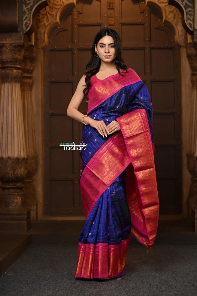 Parampara Premium ~ Gadwal Pure Silk Handloom Saree in Dual Tone Peacock Blue with Pink Border