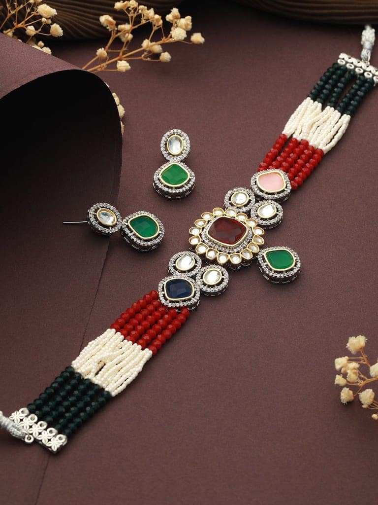 Multi Colored Victorian Dual Tone Stone Studded Jewellery Set view 4