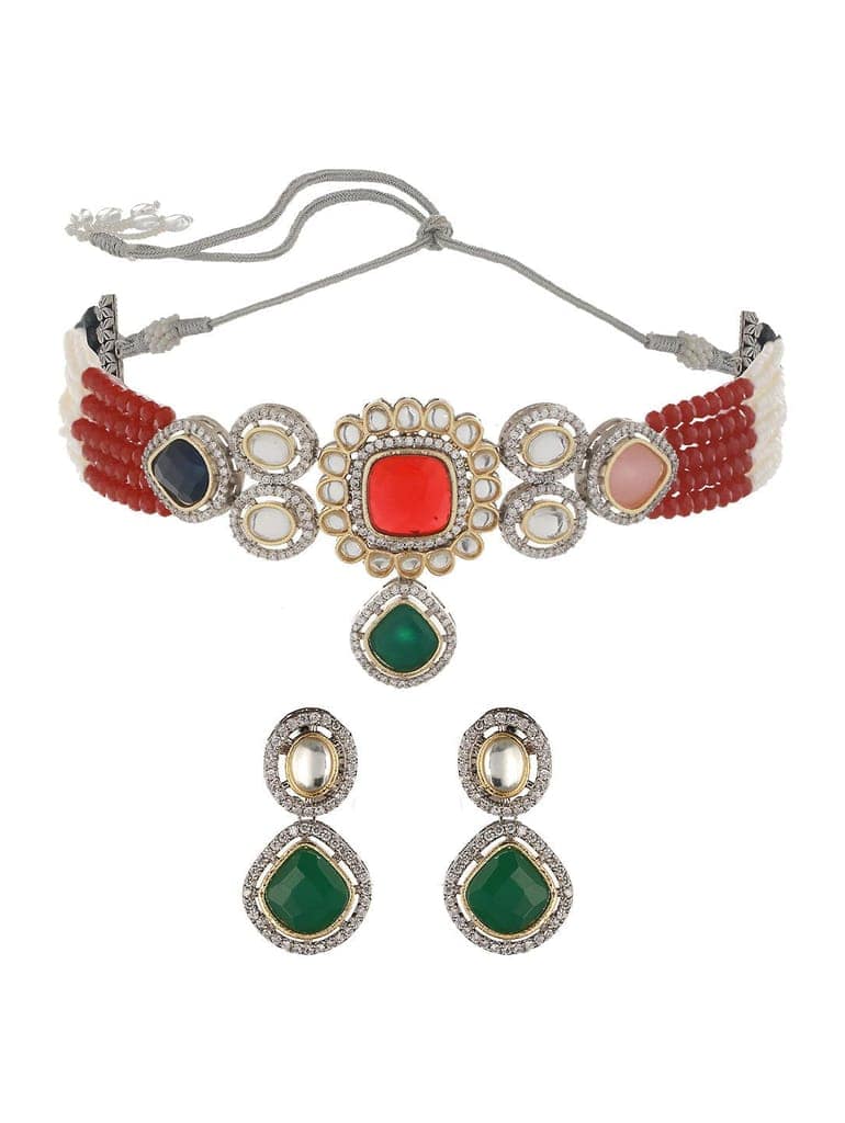 Multi Colored Victorian Dual Tone Stone Studded Jewellery Set view 5