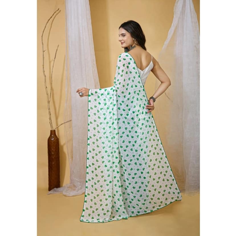 womens georgette printed saree with unstitched blouse 5mtr white green pid63027 view 2