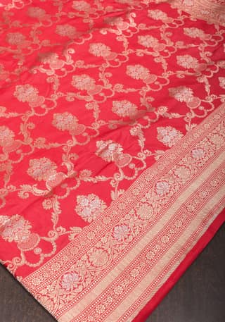Red tone Exquisite Banarasi Katan Silk saree with Florals Alfi Jaal | SILK MARK CERTIFIED