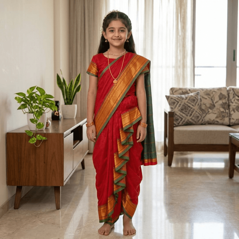 luster Shahi Mastani Nauvari saree for kids/girls Ready-to-wear with a stitched blouse, Traditional Maharashtrian Marathi saree, for School program ganpati pujas festival (Red, 11-12 Years) view 3