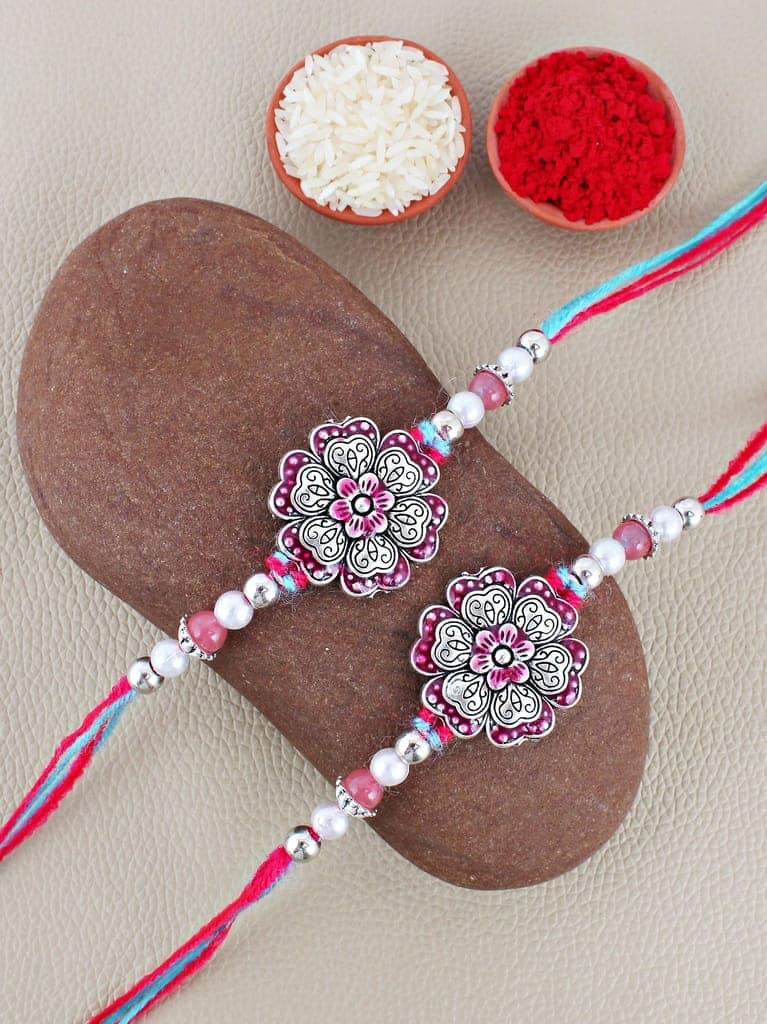 Lucky Jewellery Designer Oxidised Silver Meena Floral Rakhi - Rakshabandhan Rakhee Bracelet for Brother/Bhaiya/Bhai/Bhabhi - Pack of 2 (108-CHR1-1966-R-S-2) view 2
