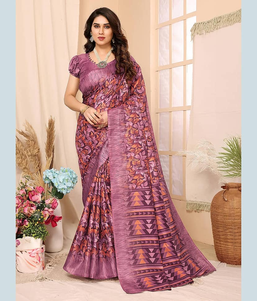 BLEESBURY Cotton Printed Saree With Unstitched Blouse Piece ( Maroon )
