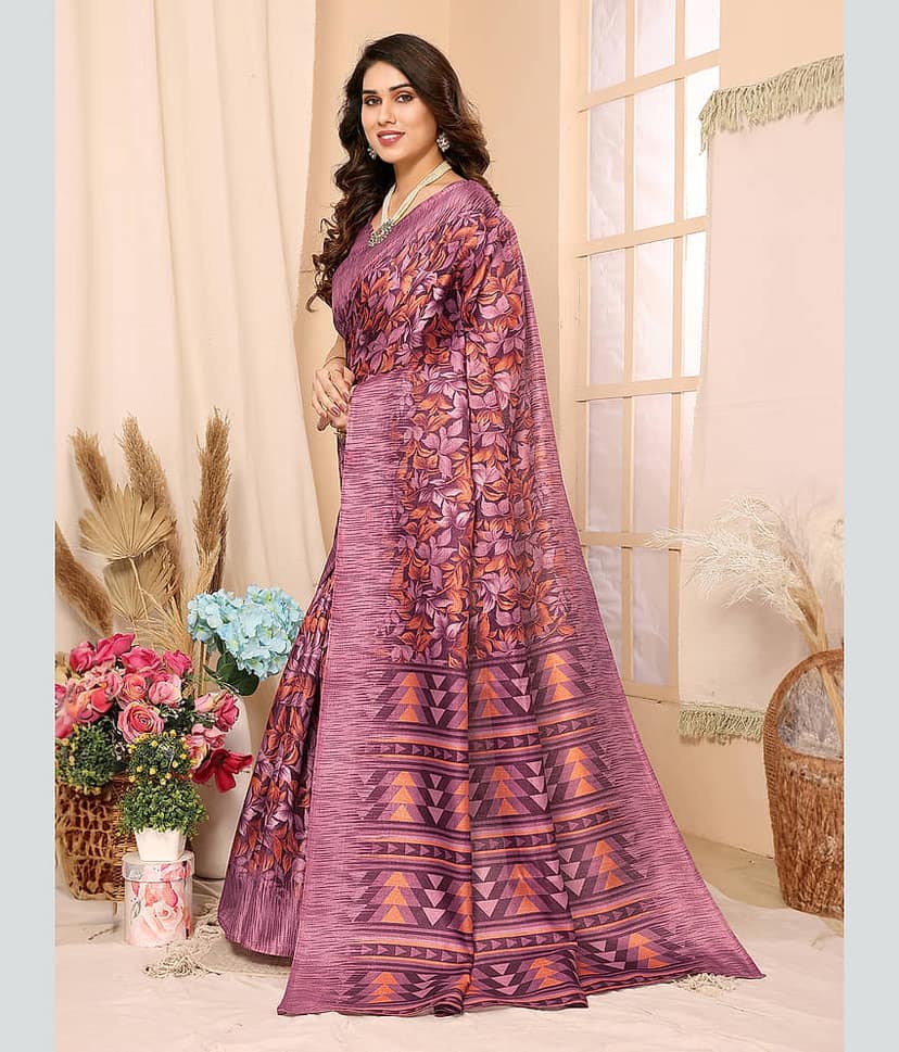BLEESBURY Cotton Printed Saree With Unstitched Blouse Piece ( Maroon ) view 2