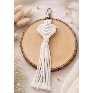 Handmade Macrame Crochet thread Cute Heart Keychain with Tassel for Girls, Boys, Men, Women | Cotton Cord Boho Bag Charm | Decorative Key and Phone Accessory | White
