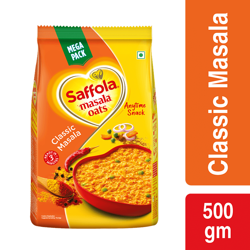 Saffola Masala Oats - Classic Masala, Fibre Rich, Healthy Snack, 500 G