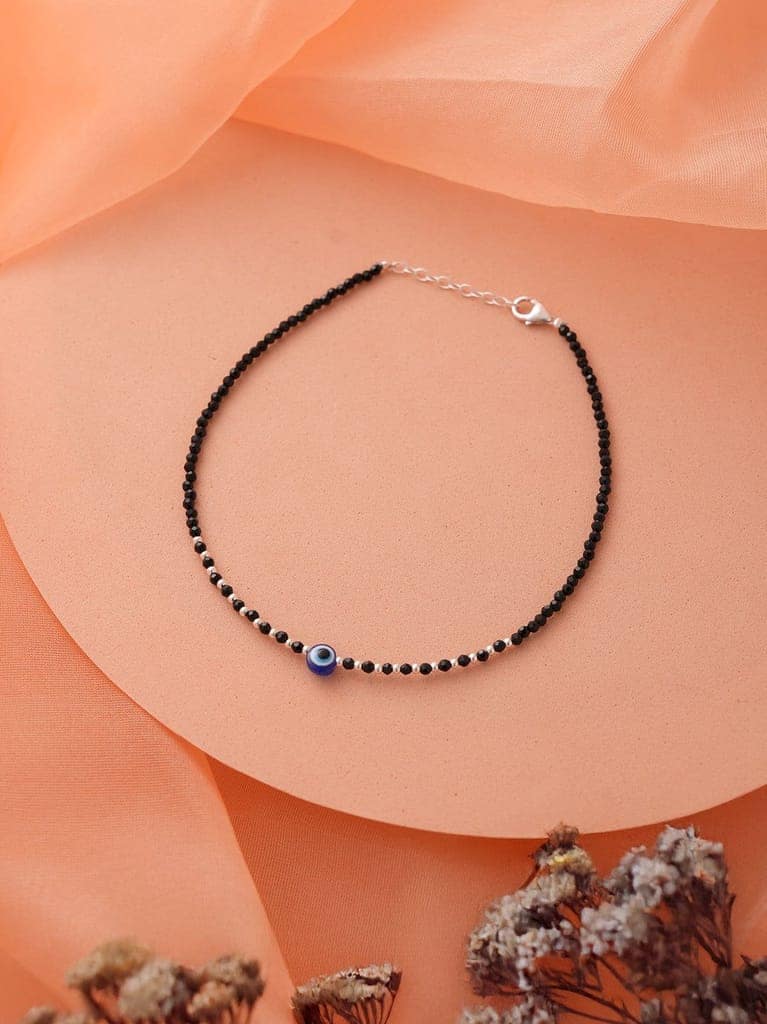 925 Sterling Silver Black Crystals & Evil Eye Charms Nazar Delicate Payal Anklet view 2