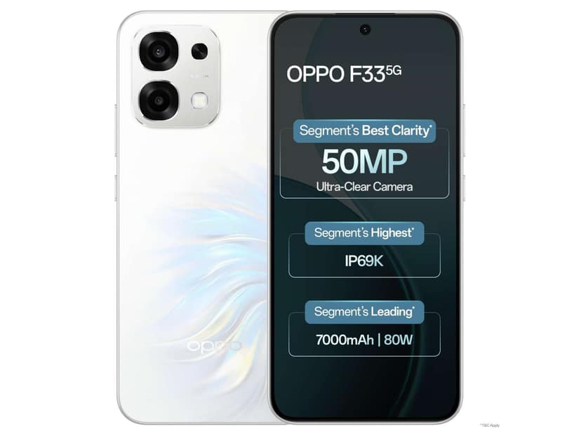 Oppo F33 5G Smartphone, 8GB RAM, 128GB Storage - Pearl White