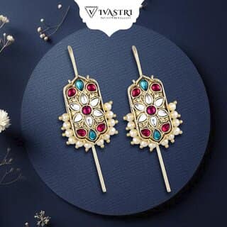 Vivastri Enamelled Polki Kundan Gold Plated Pearl Alloy Ear cuff,Cuff Earrings for Women & Girls - VIVA2819ERG