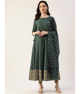 HISHAM - Green Cotton Women's Anarkali Kurti with Dupatta ( Pack of 1 )