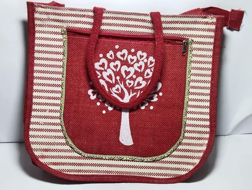 Red and White Jute Tote Bag with Tree of Hearts Design view 2