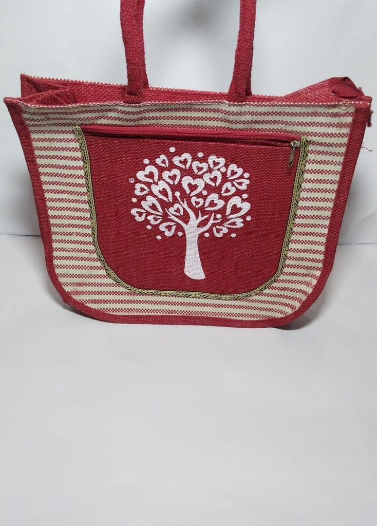 Red and White Jute Tote Bag with Tree of Hearts Design view 3
