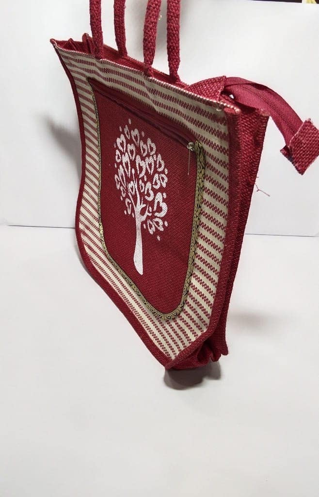 Red and White Jute Tote Bag with Tree of Hearts Design view 4