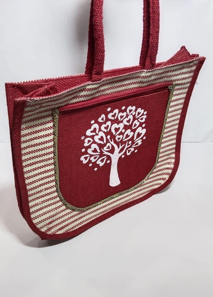 Red and White Jute Tote Bag with Tree of Hearts Design view 5