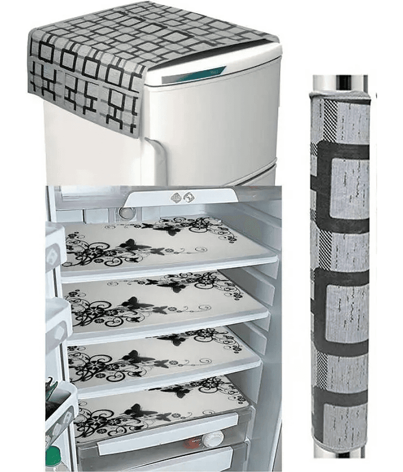Crosmo Polyester Floral Fridge Mat & Cover ( 99 53 ) Pack Of 6 - White