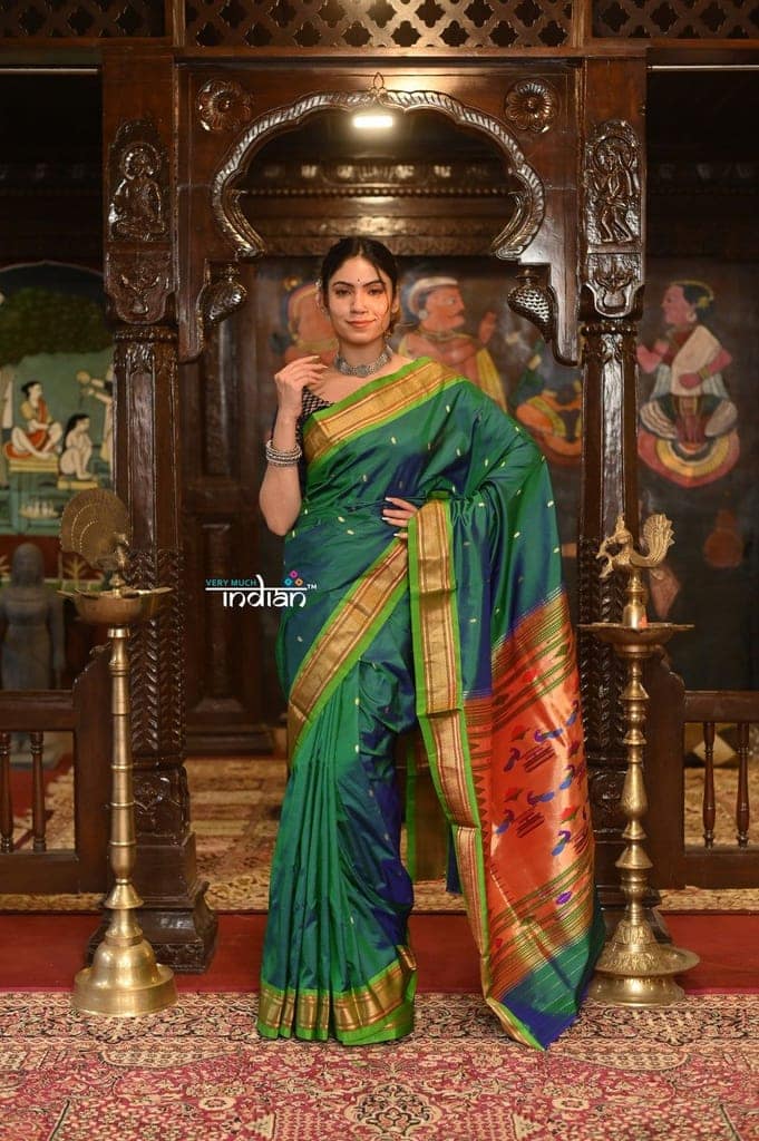 Authentic High Quality Pure Silk Paithani With Most Traditional Double Pallu~ Dual Tone Blue Green view 2