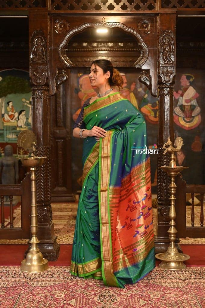 Authentic High Quality Pure Silk Paithani With Most Traditional Double Pallu~ Dual Tone Blue Green view 3