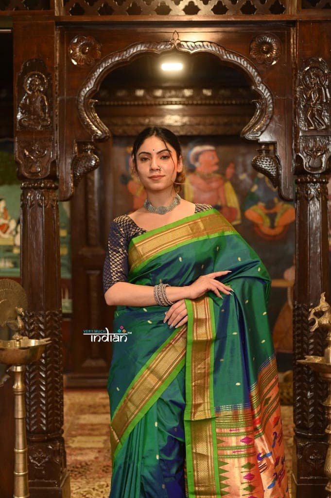 Authentic High Quality Pure Silk Paithani With Most Traditional Double Pallu~ Dual Tone Blue Green view 4