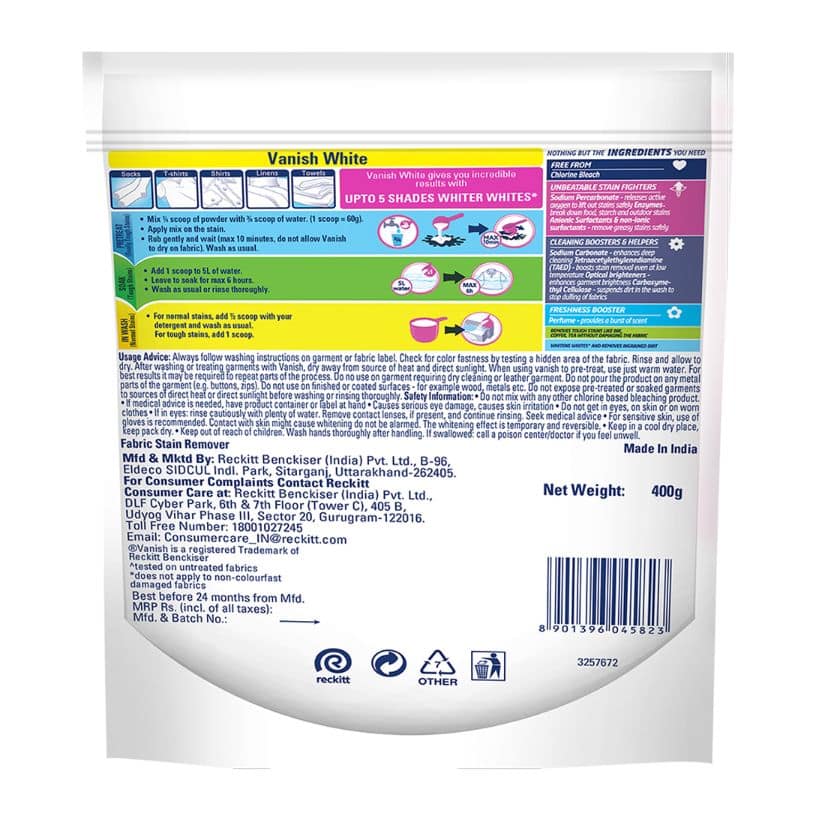 Vanish White Add-on Powder - 400 gm | Stain Remover for Clothes | Chlorine and Bleach Free| Suitable with all Washing Detergent Powders and Liquids view 2