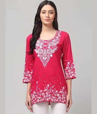Aura Glam Women Rayon Embroidered A-line Kurti ( White )