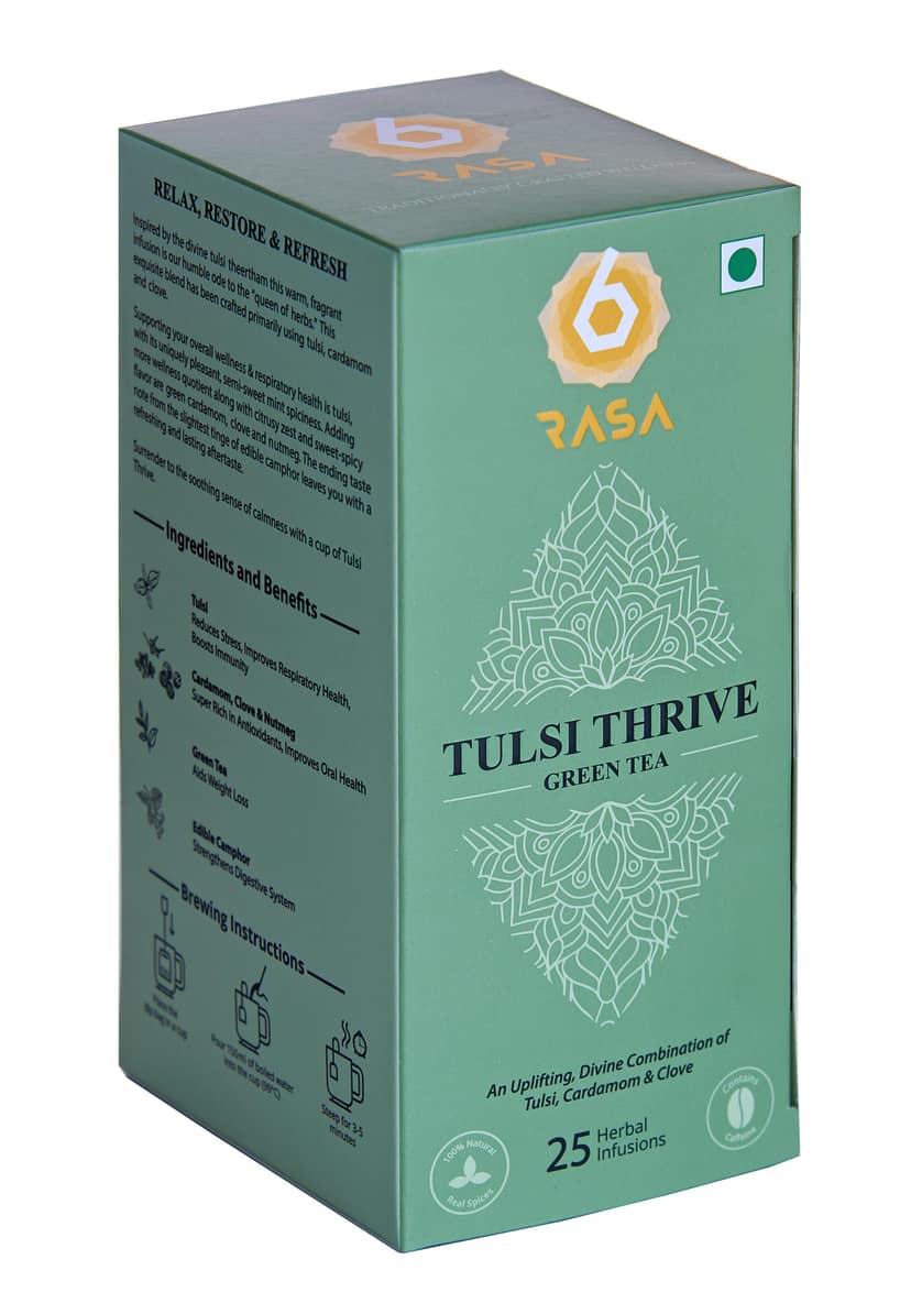 6rasa Tulsi Thrive Green Tea Bags | (2.5g Each) (Pack of 1, 25 Dip Bags)