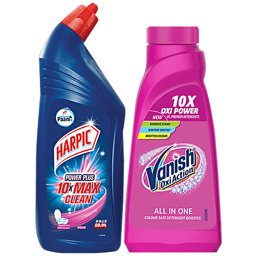 bb Combo Harpic Disinfectant Toilet Cleaner Liquid, Rose 1 L + Vanish All in One Liquid Detergent Booster 800 ml, Combo 2 Items