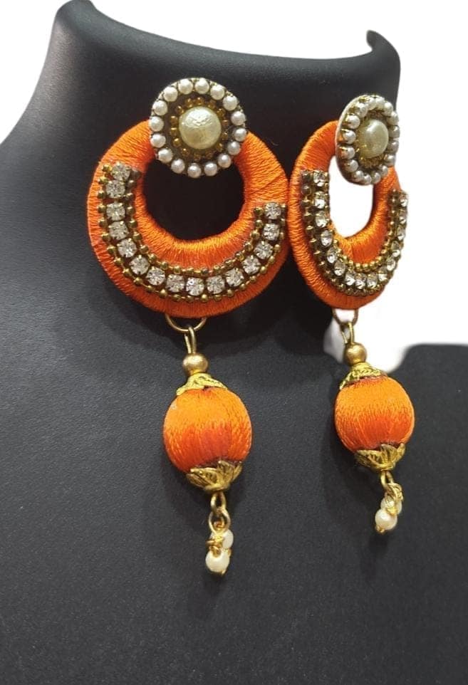 Orange Silk Thread Jhumka Earrings with Pearls and Rhinestones view 3
