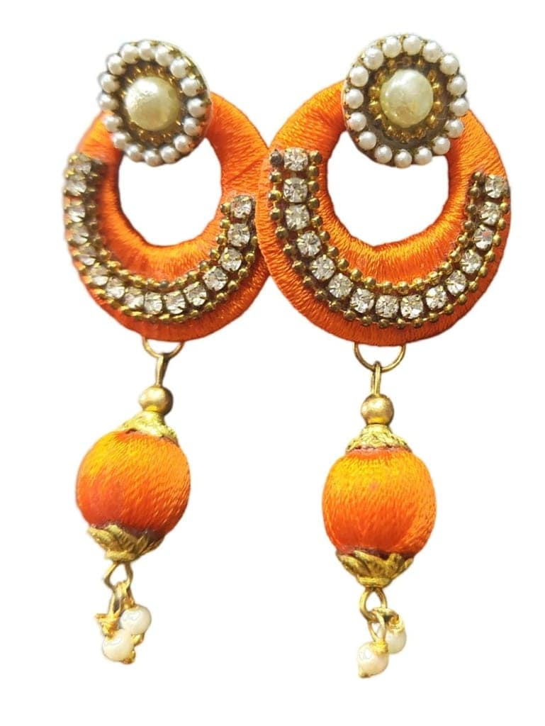 Orange Silk Thread Jhumka Earrings with Pearls and Rhinestones view 4