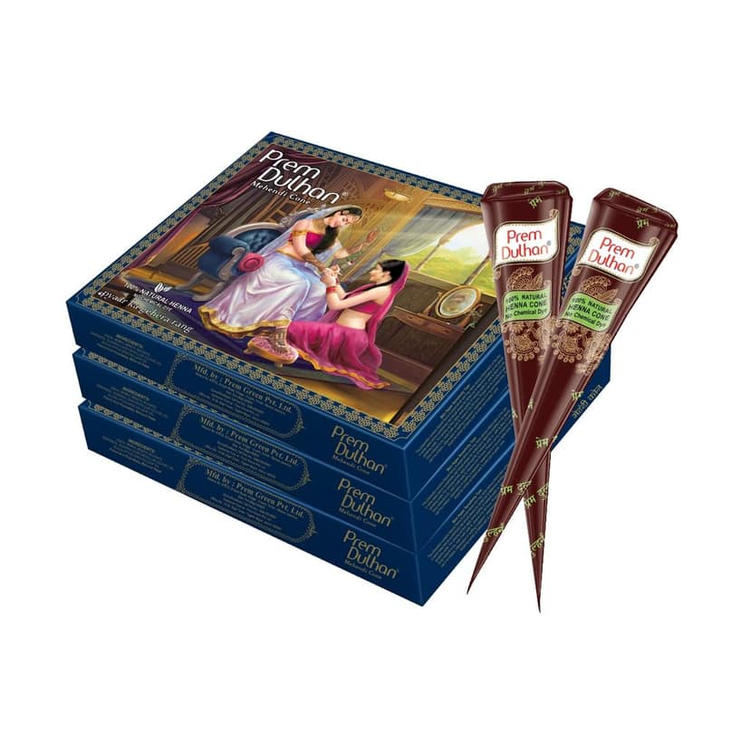 Prem Dulhan Natural Henna Mehandi Cones 12 Pcs Box Mehendi Cones, for Bridal and Festivals, Easy Application, Floral Paisley Blue Box